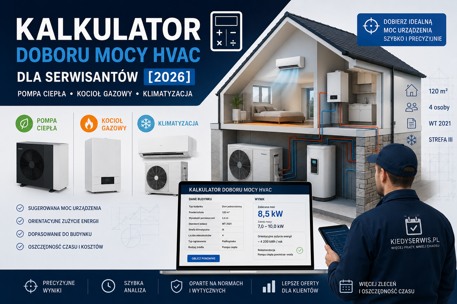 Kalkulator doboru mocy HVAC dla serwisantów [2026] - pompa ciepła, kocioł, klimatyzacja