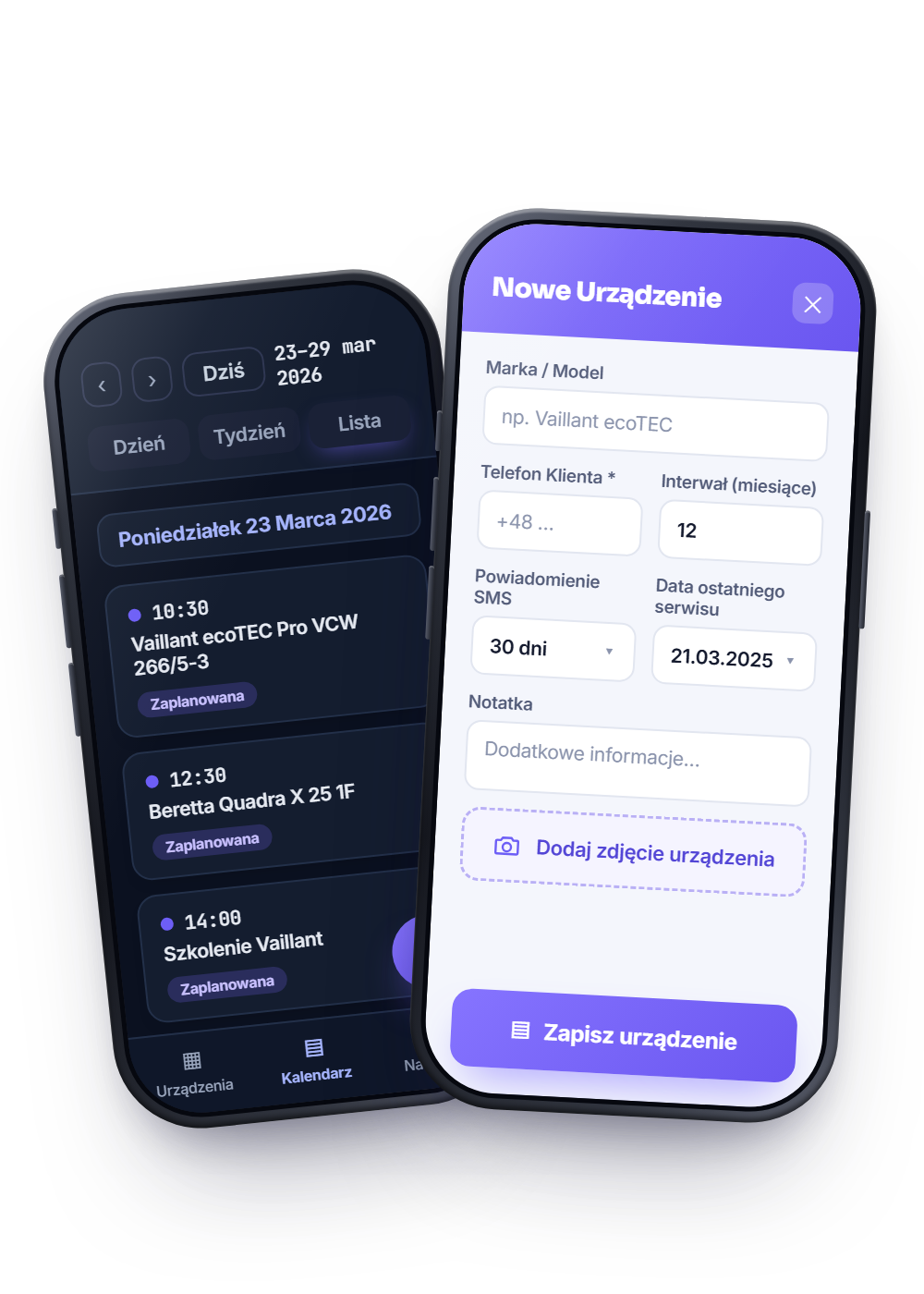 Panel Serwisanta KiedySerwis.pl na telefonie – kalendarz wizyt i rejestracja nowego urządzenia z przypomnieniem SMS